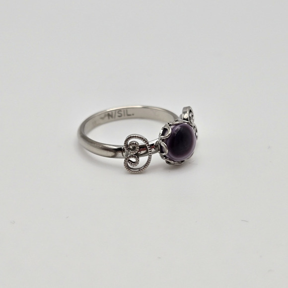 Amethyst Ring Silvertone Scrollwork Purple Stone Adjustable Boho Dainty Classic - Picture 3 of 11